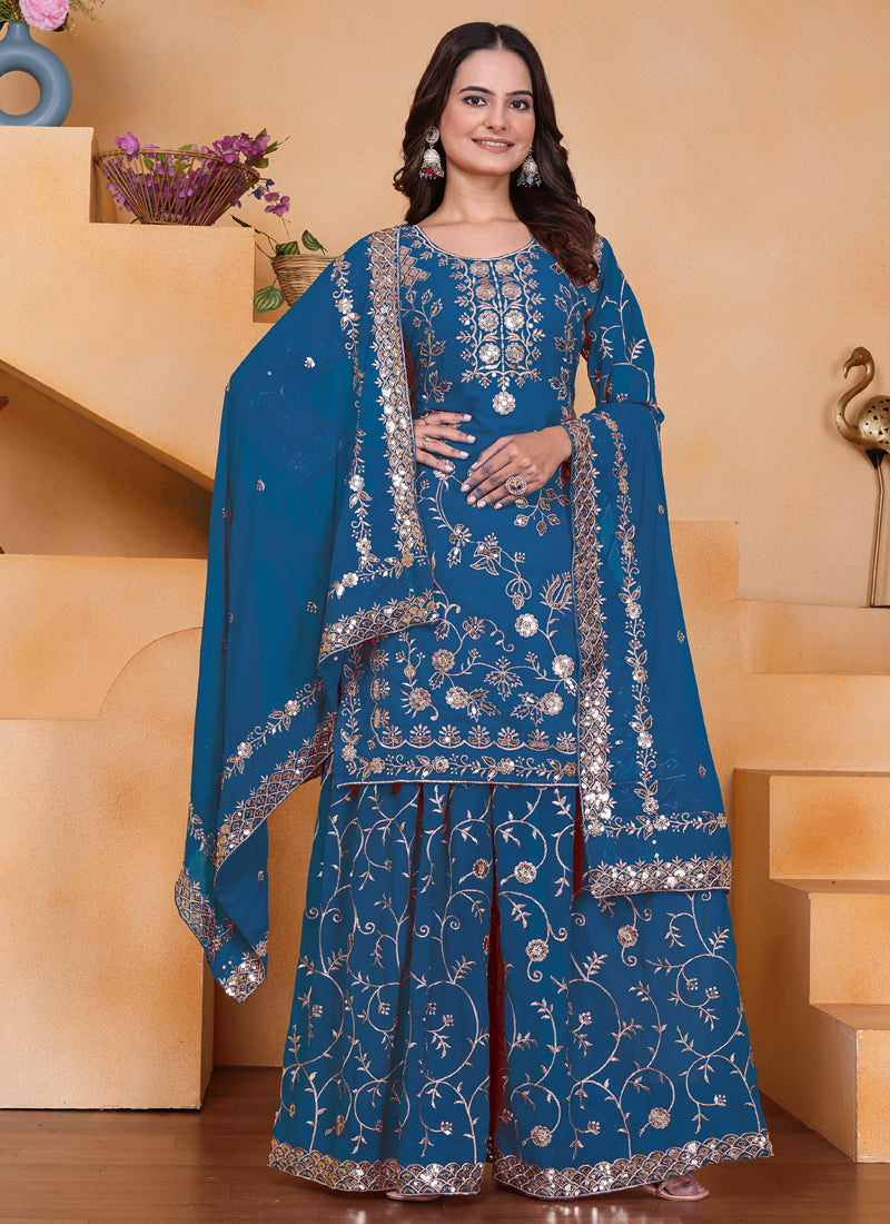 Blue Georgette Sharara Suit with Sequin and Thread Embroidery