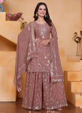 Onion Pink Georgette sharara suit with sequin thread embroidery