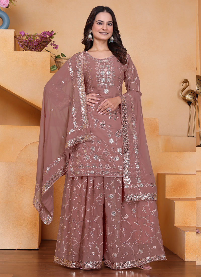 Onion Pink Georgette sharara suit with sequin thread embroidery