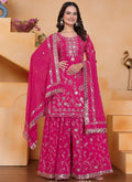 Front view of a Pink Georgette Sharara Suit with sequin embroidery and a round neck