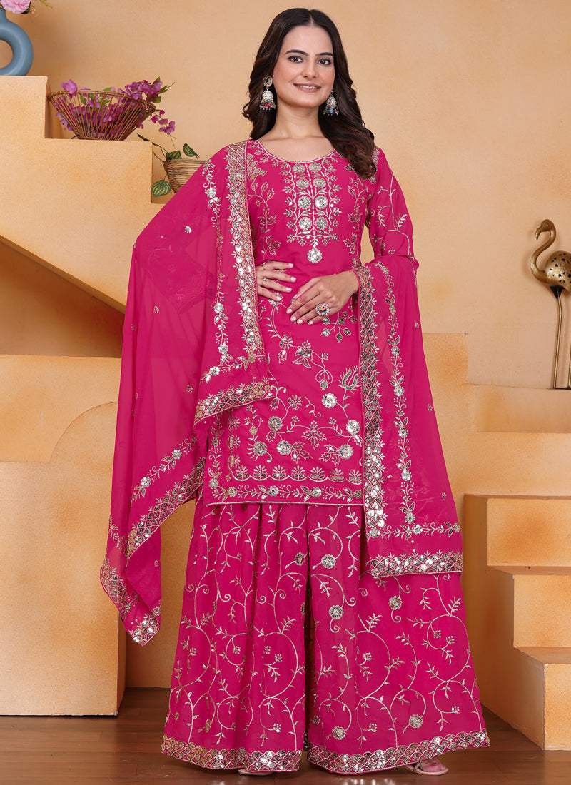 Front view of a Pink Georgette Sharara Suit with sequin embroidery and a round neck