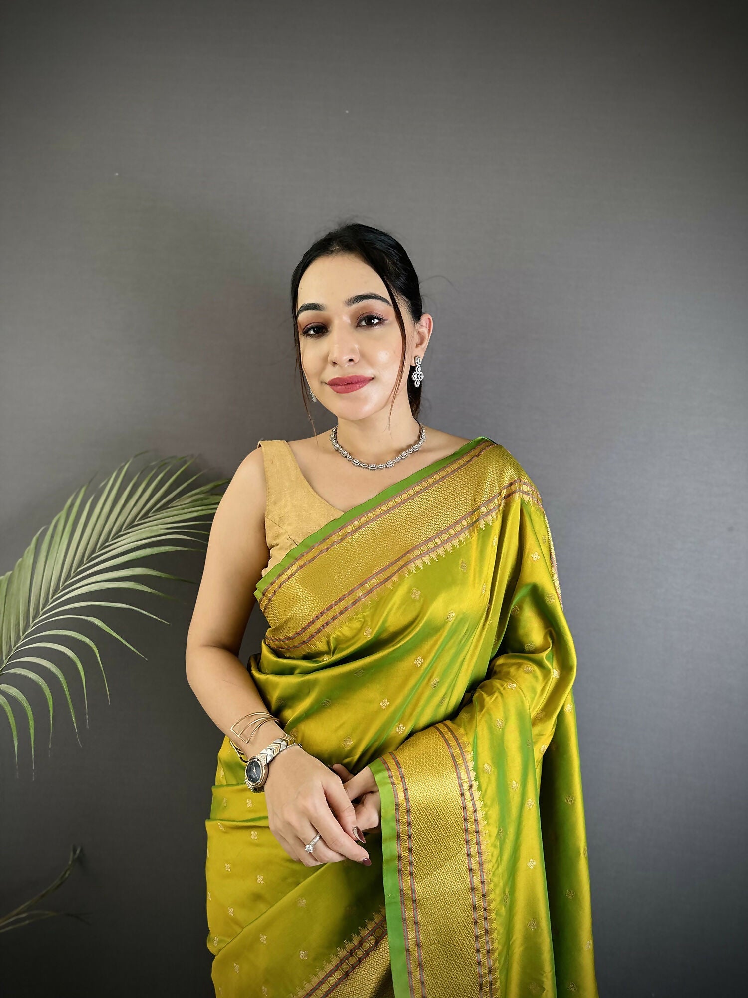 Lime Green Butti Woven Soft Lichi Silk Paithani Saree