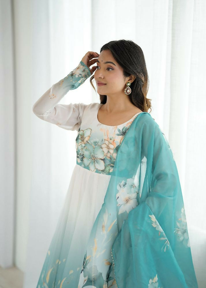Aqua Blue Organza Kurta Set with Sequin Embroidery