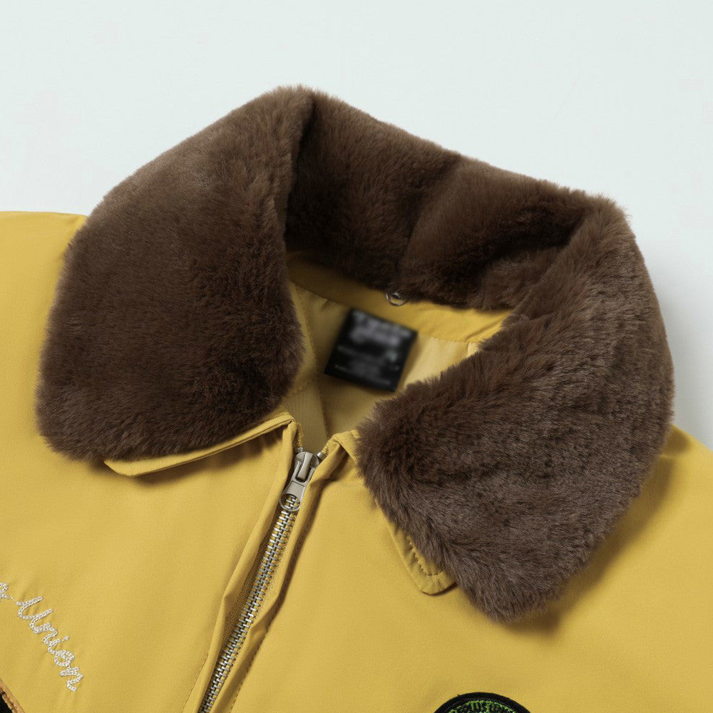 Harajuku Style Yellow Embroidered Bomber Jacket with Fur Collar - Image 3