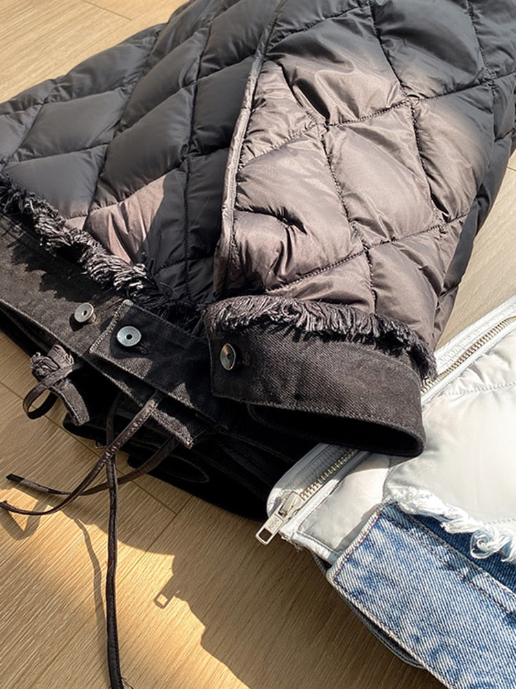 Women's Quilted Denim Patchwork Coat - Light Gray Casual Outerwear - Image 6