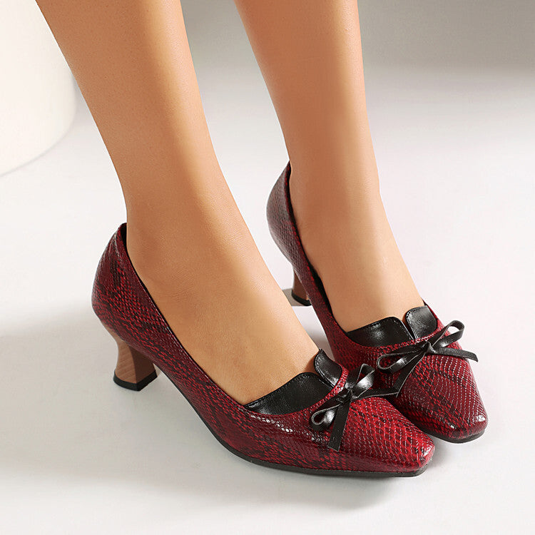 Women's Retro Square Toe Bow Pumps with Chunky Heel