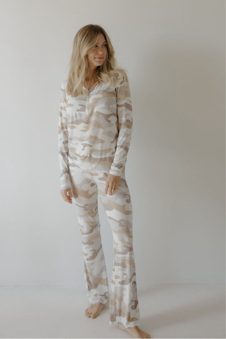Woman wearing matching long sleeve button-front bamboo pajama set in Camo 2.0 print