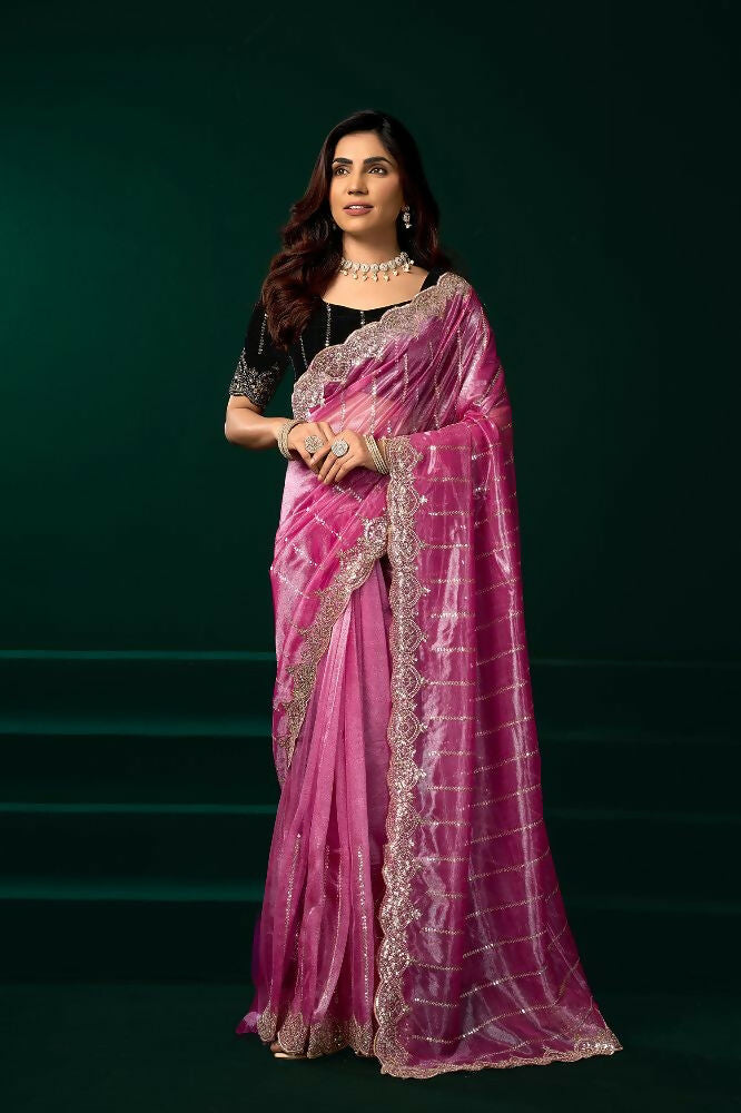 Pink Net Saree with Black Velvet Blouse for Party Wear