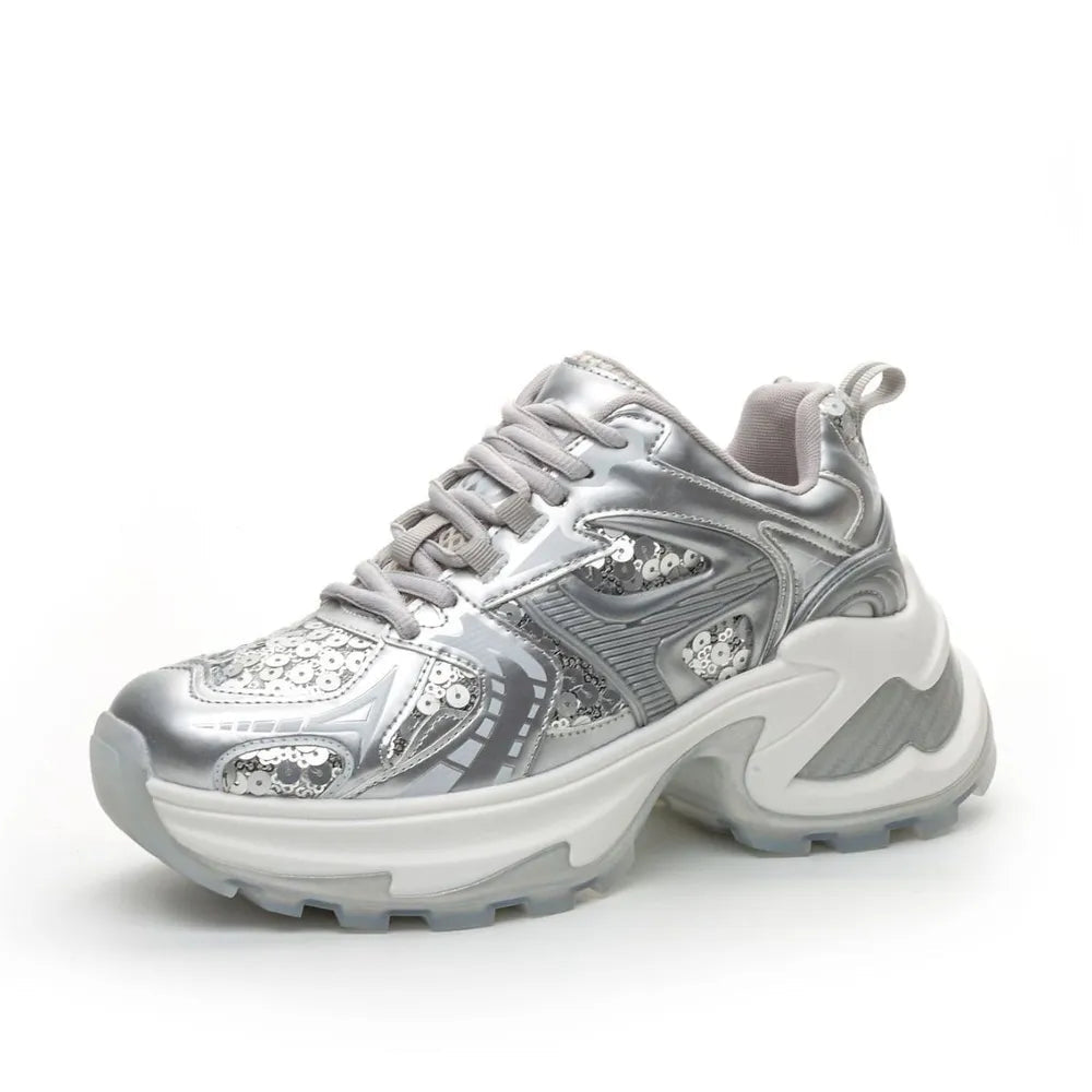 White Silver Sequined Platform Lace-Up Chunky Sneakers - Image 3
