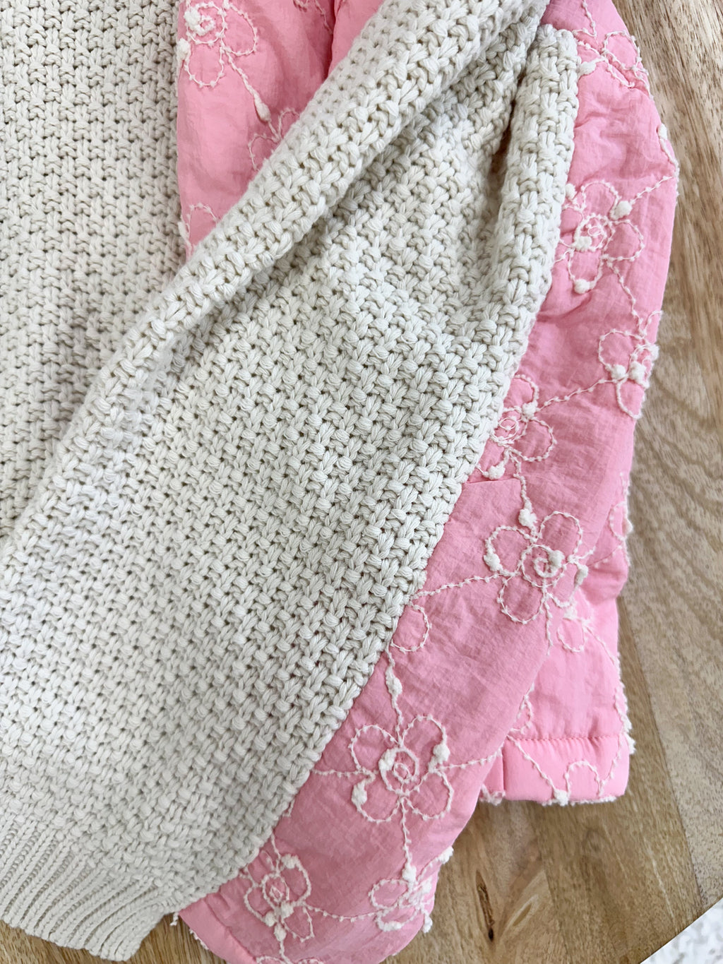 Pink Blossom Quilted Cotton Hoodie Sweater with Metal Buttons