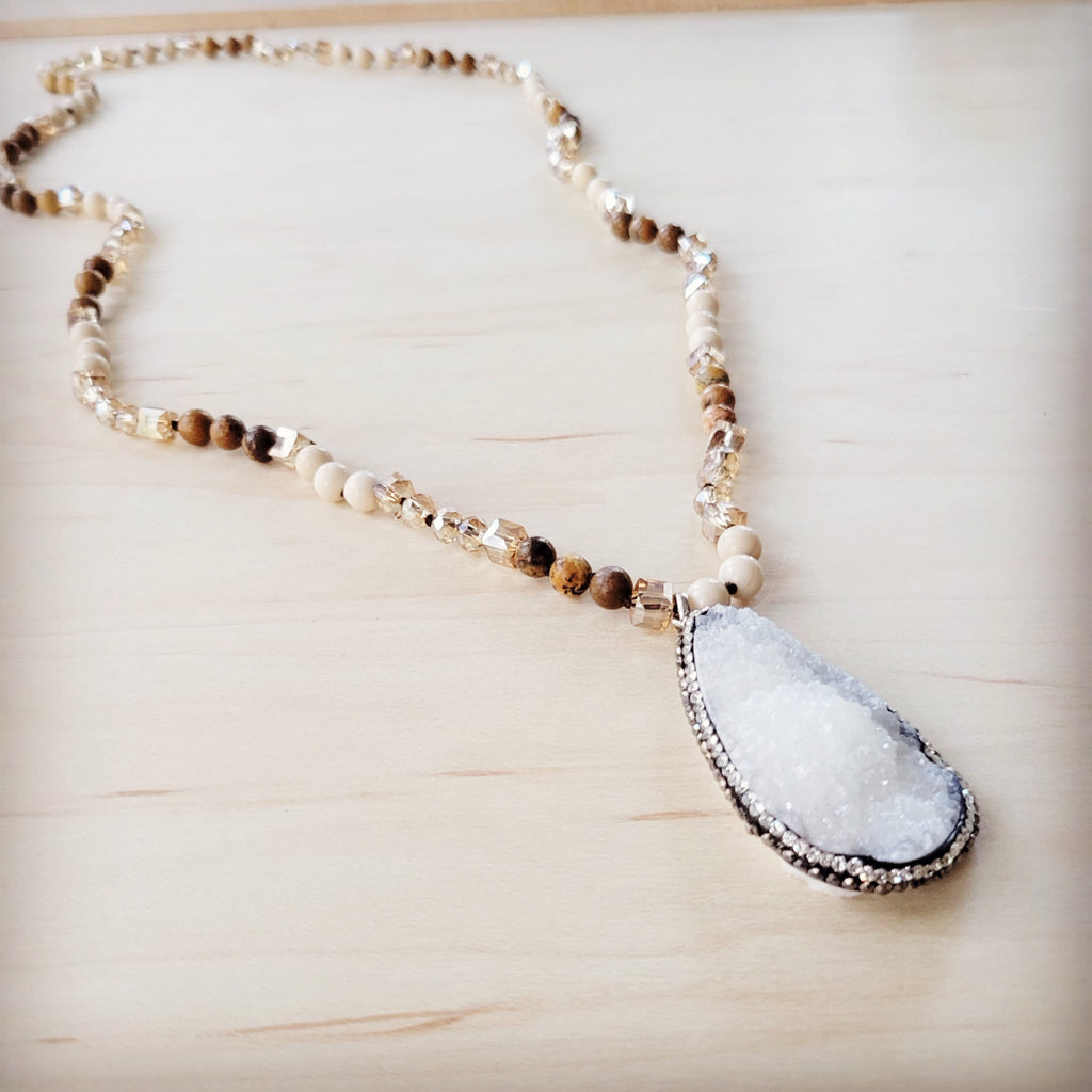 Picture Jasper Beaded Necklace with White Druzy Pendant
