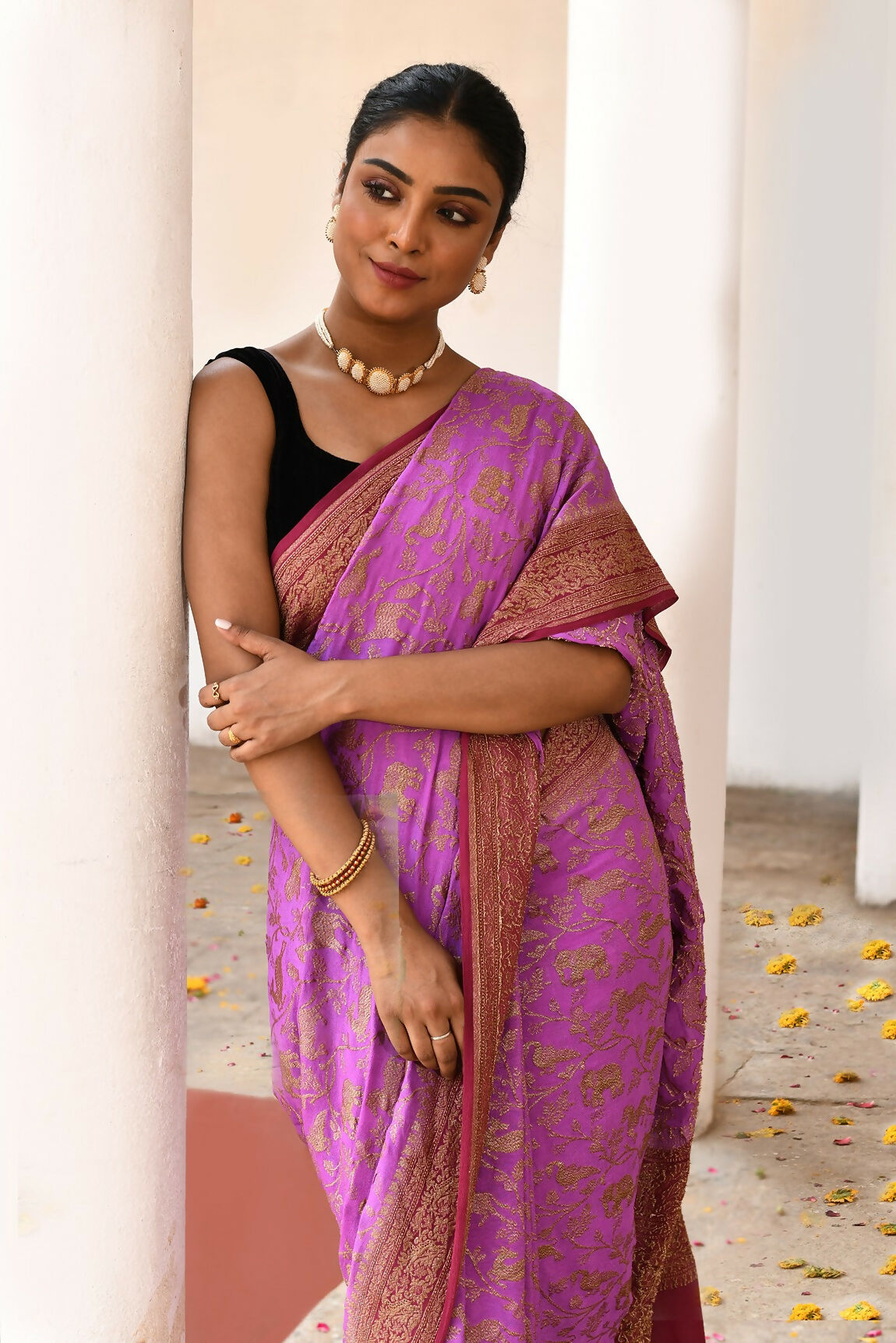 Hot Pink Crepe Chiffon Handloom Banarasi Silk Saree