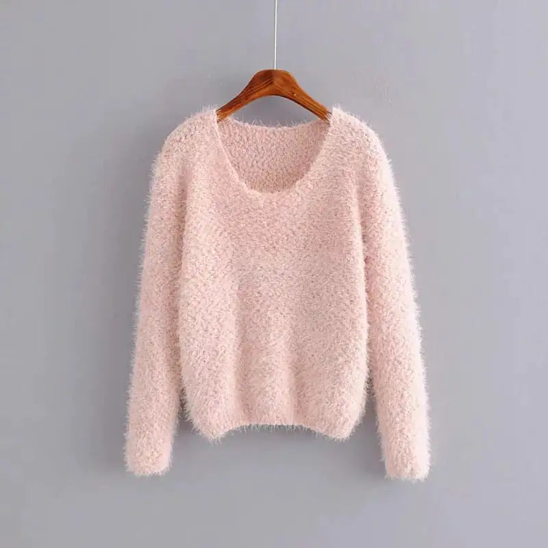 Women's Fuzzy Round Neck Pullover Sweater Soft Knit Long Sleeve - Image 10