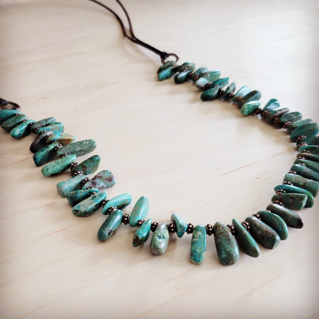 Natural Turquoise Stacked Stone Necklace with Brown Leather Tie - Image 4