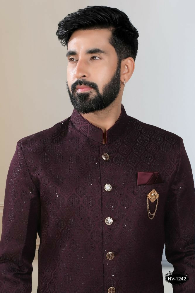 Boys Wine Sequence Embroidered Kurta and White Pyjama Set
