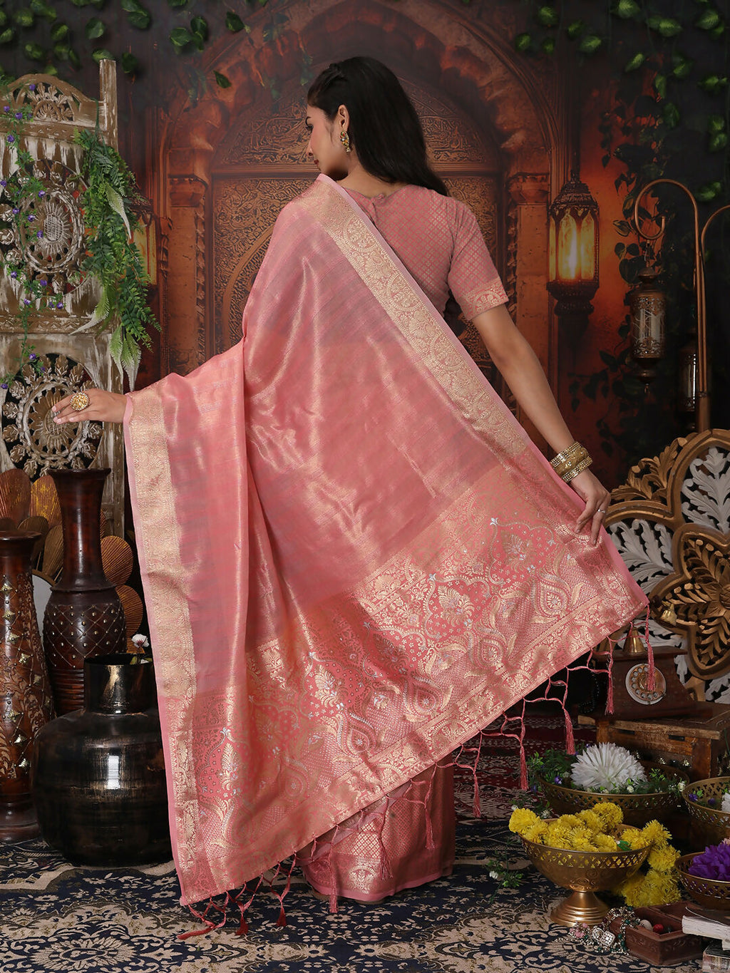 Pink Organza Saree with Matching Blouse Piece