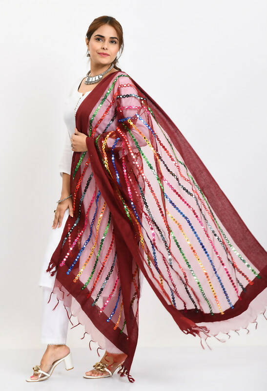 Maroon Organza Dupatta with Multi-Thread and Mirror Work