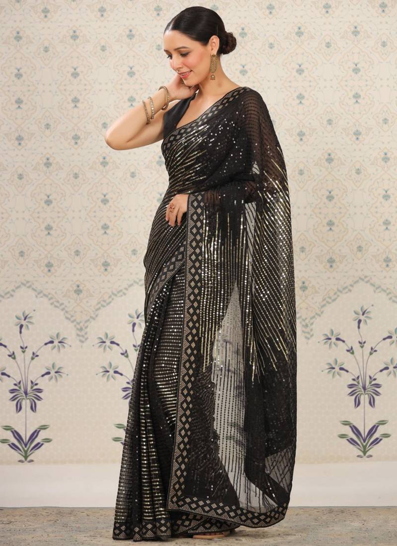 Black Heavy Georgette Saree with Intricate Sequin Embroidery
