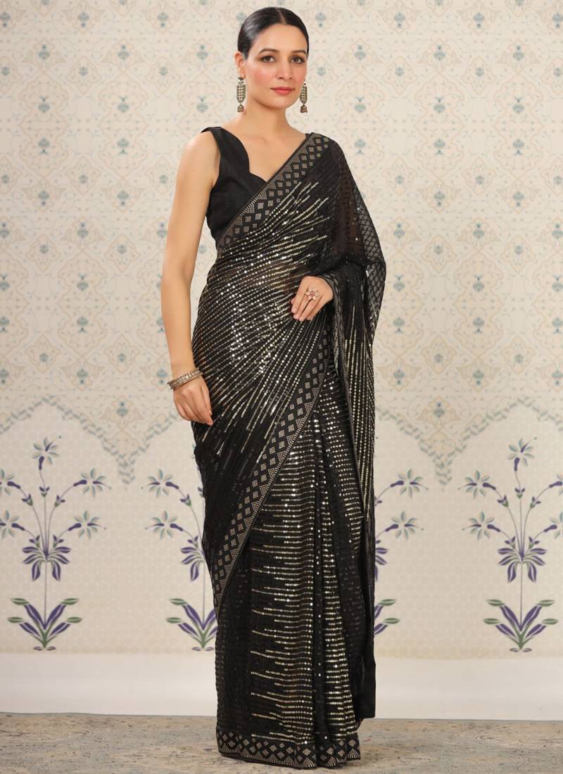 Black Heavy Georgette Saree with Intricate Sequin Embroidery