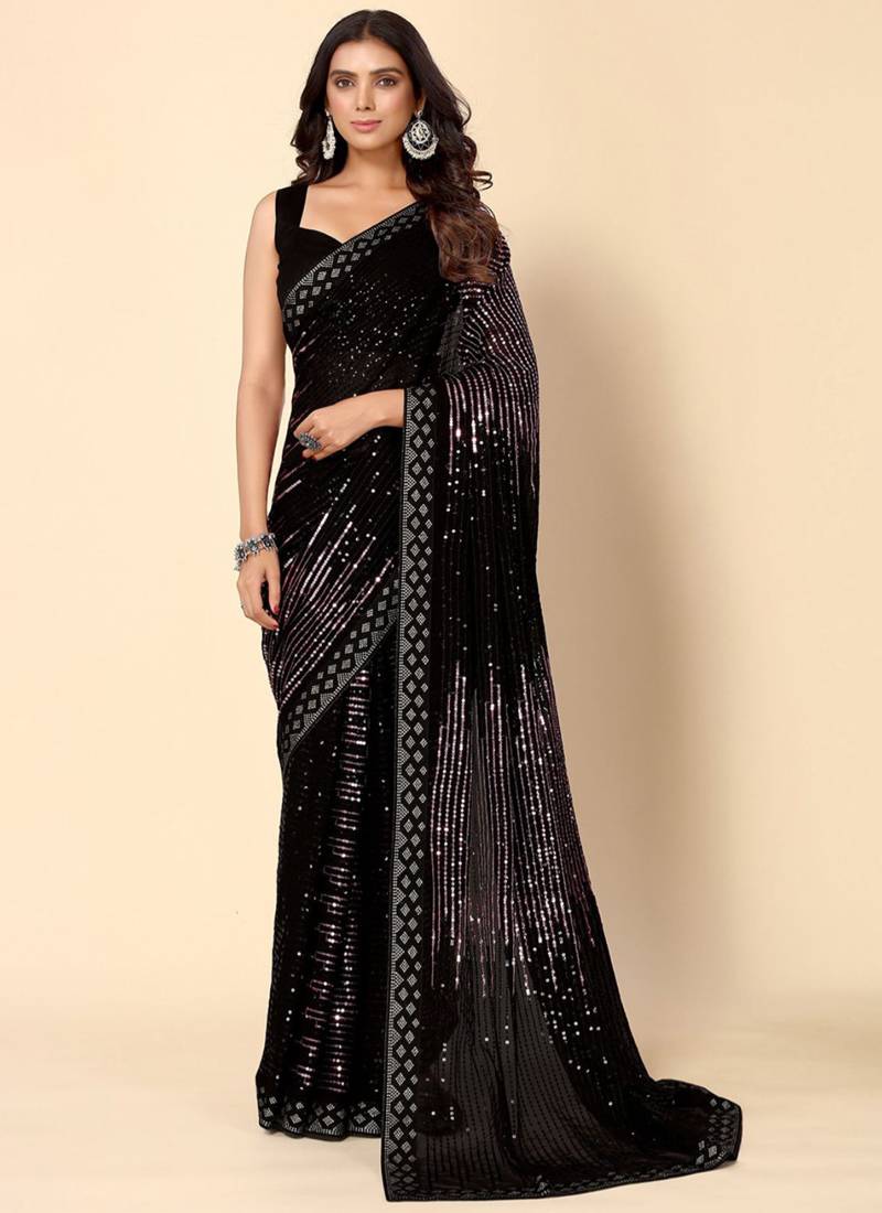 Onion pink georgette saree with heavy sequence embroidery