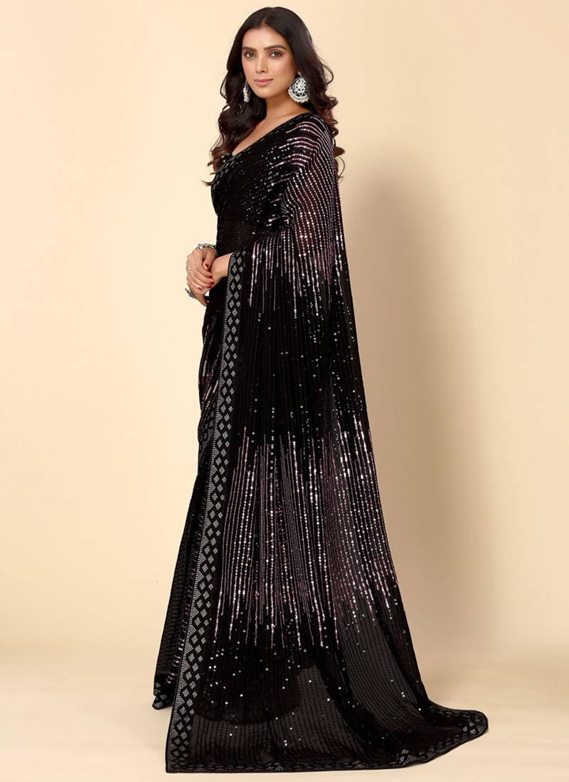 Onion Pink Heavy Georgette Saree with Sequence Embroidery