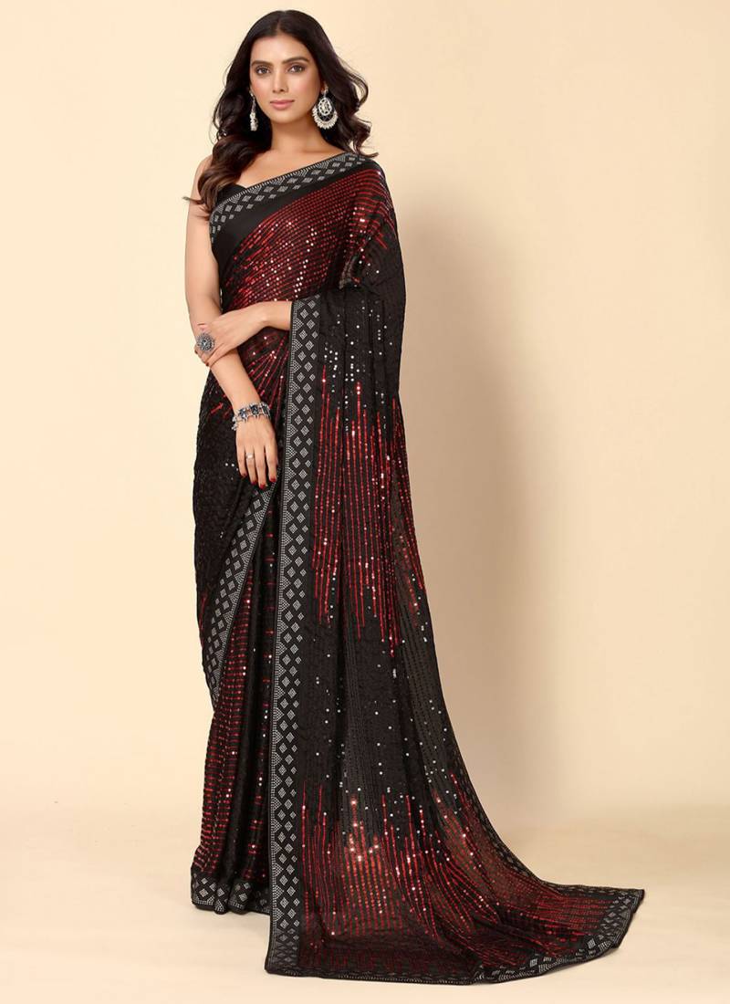 Maroon georgette saree featuring heavy sequence embroidery for festive occasions