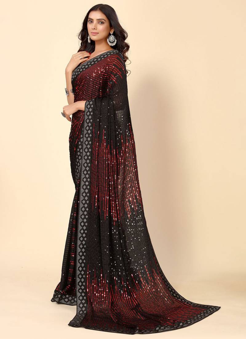 Maroon Heavy Georgette Sequin Embroidered Party Saree