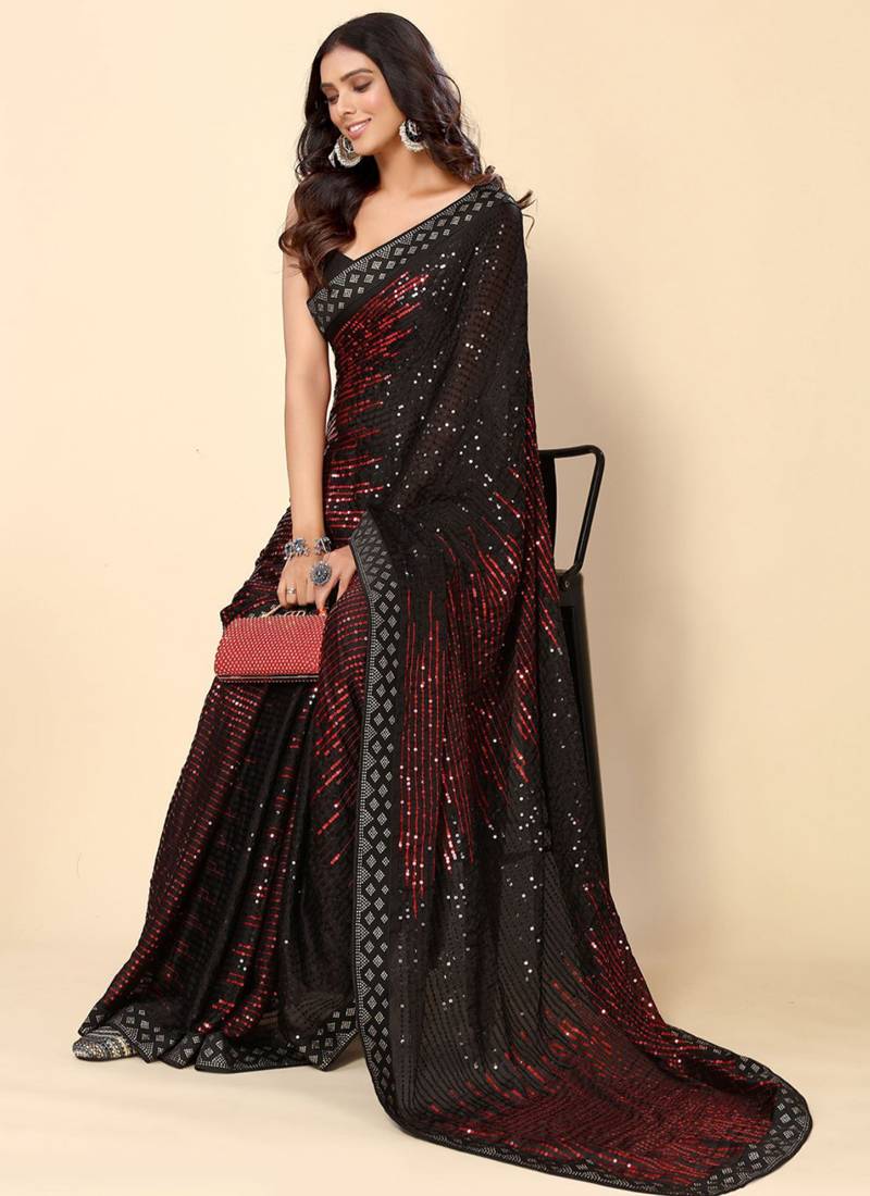 Maroon Heavy Georgette Sequin Embroidered Party Saree