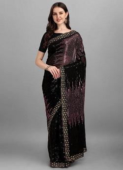 Purple georgette saree with heavy sequence embroidery and matching blouse piece