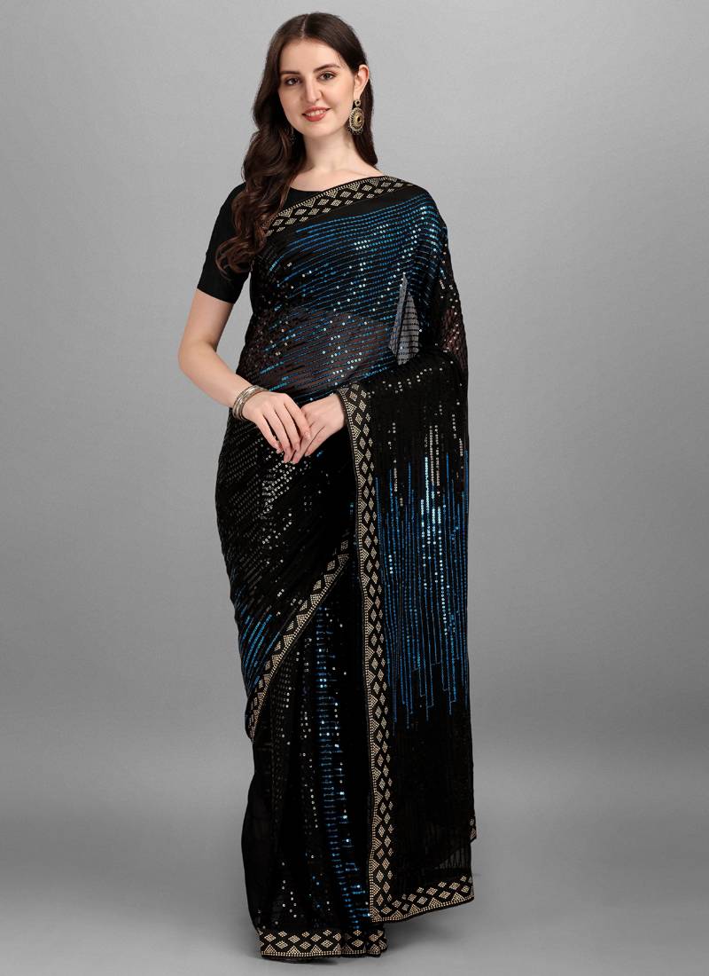 Blue heavy georgette saree with intricate sequence embroidery work