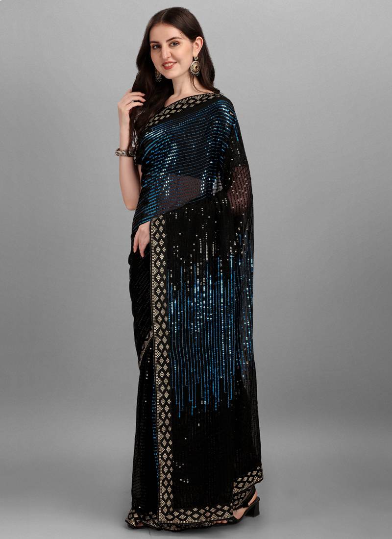 Blue Heavy Georgette Sequin Embroidered Party Saree
