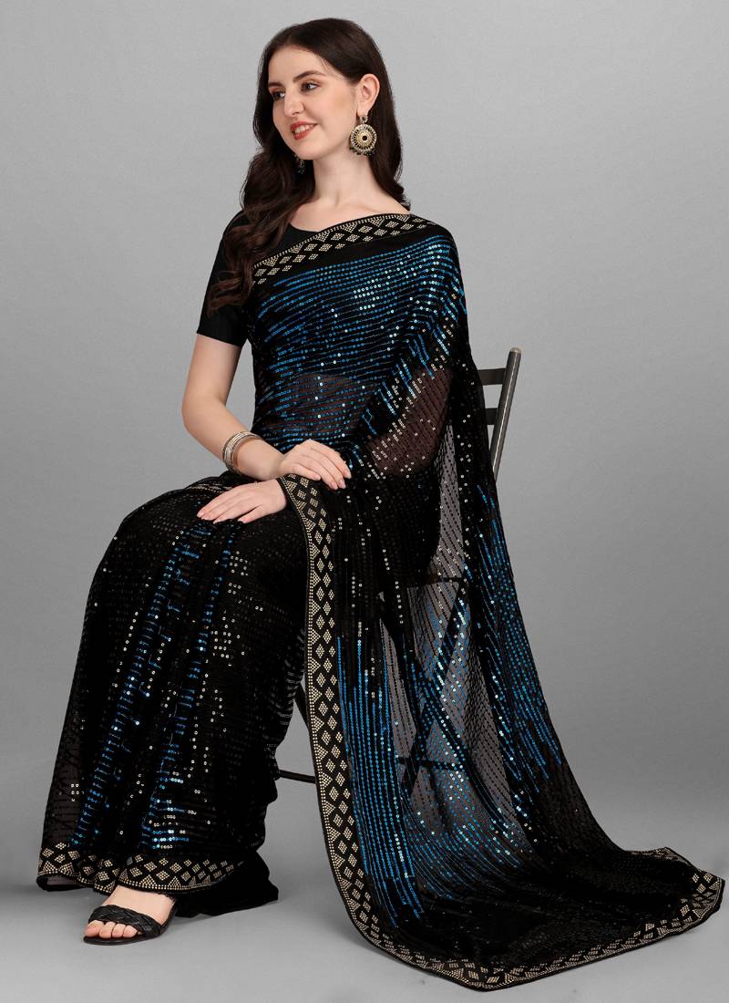 Blue Heavy Georgette Sequin Embroidered Party Saree