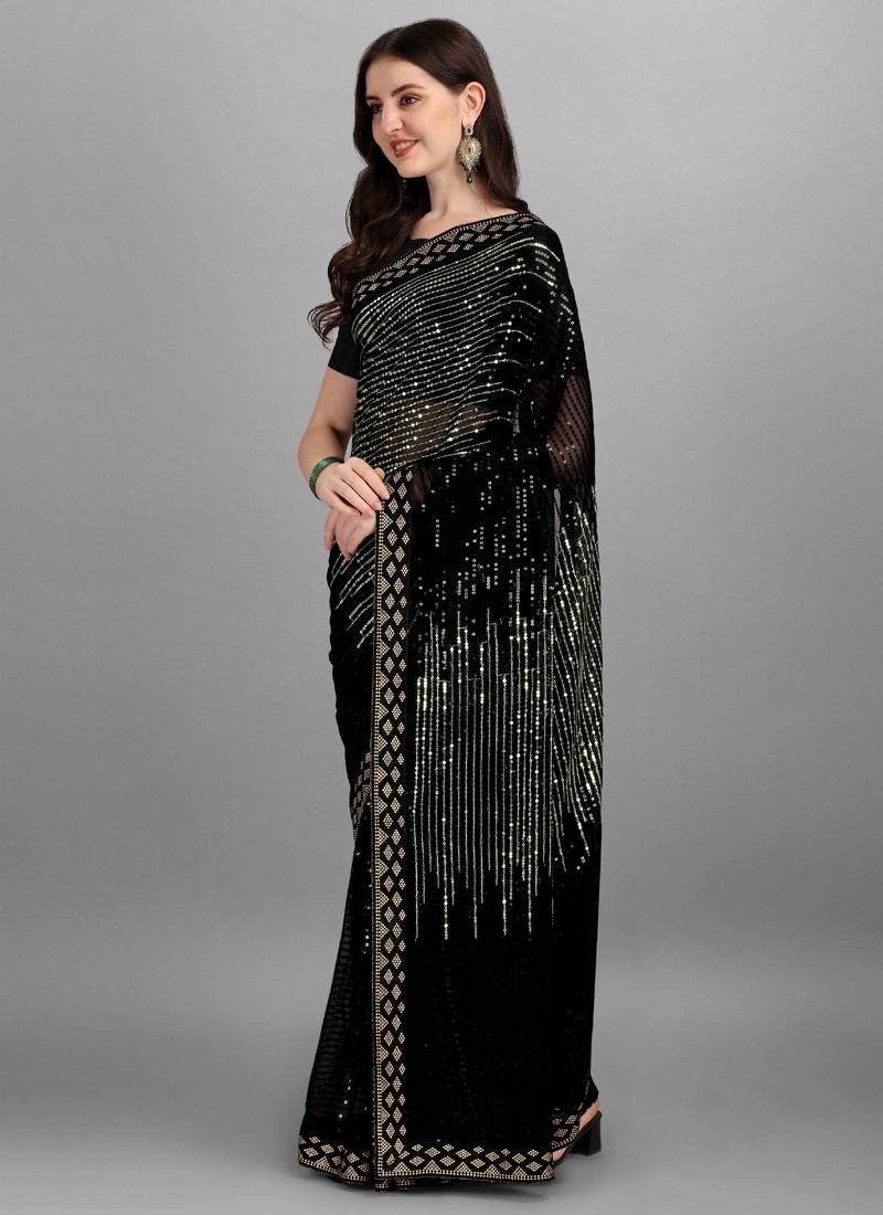 Black Georgette Saree with Heavy Sequence Embroidery