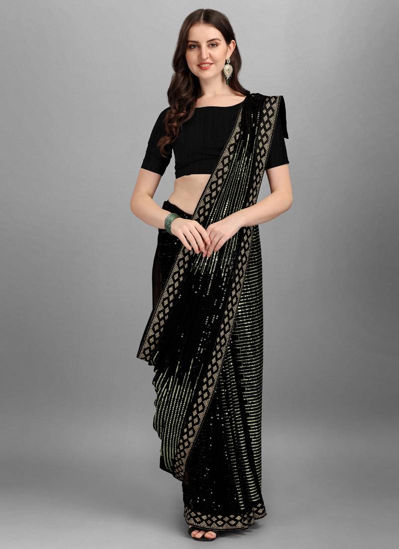 Black Georgette Saree with Heavy Sequence Embroidery