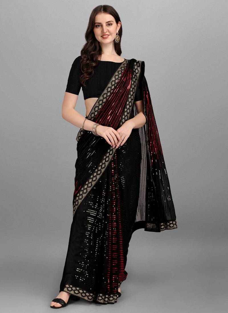 Striking red georgette saree featuring intricate sequin embroidery