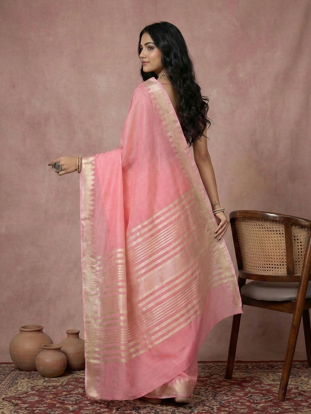 Coral Pink Cotton Saree with Matching Blouse Piece