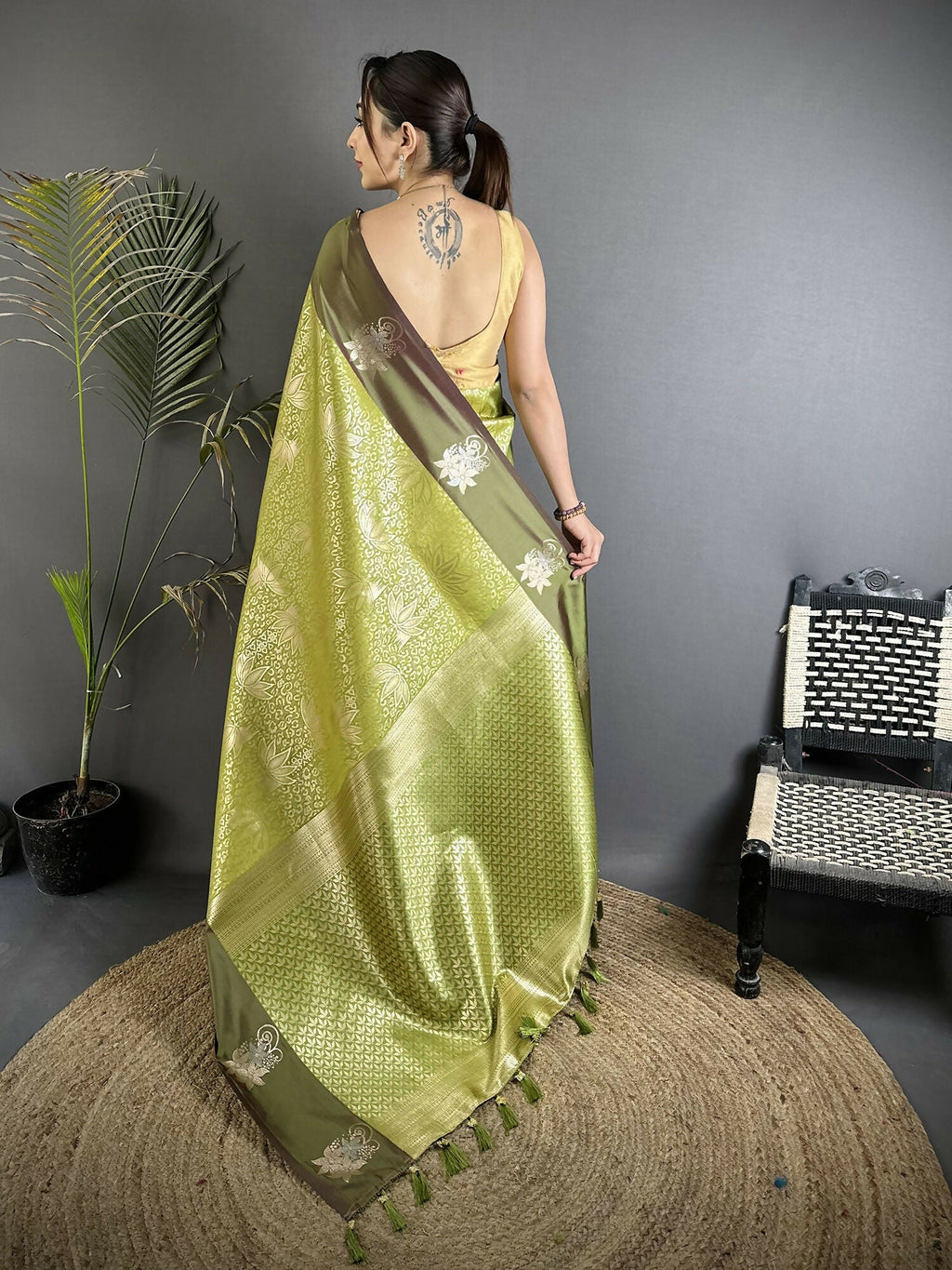 Dusty Green Dharmavaram Soft Silk Saree with Intricate Zari Weaving