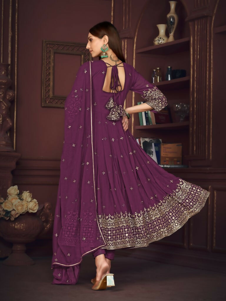 Purple Georgette Embroidered Anarkali Kurta Pant Set with Dupatta