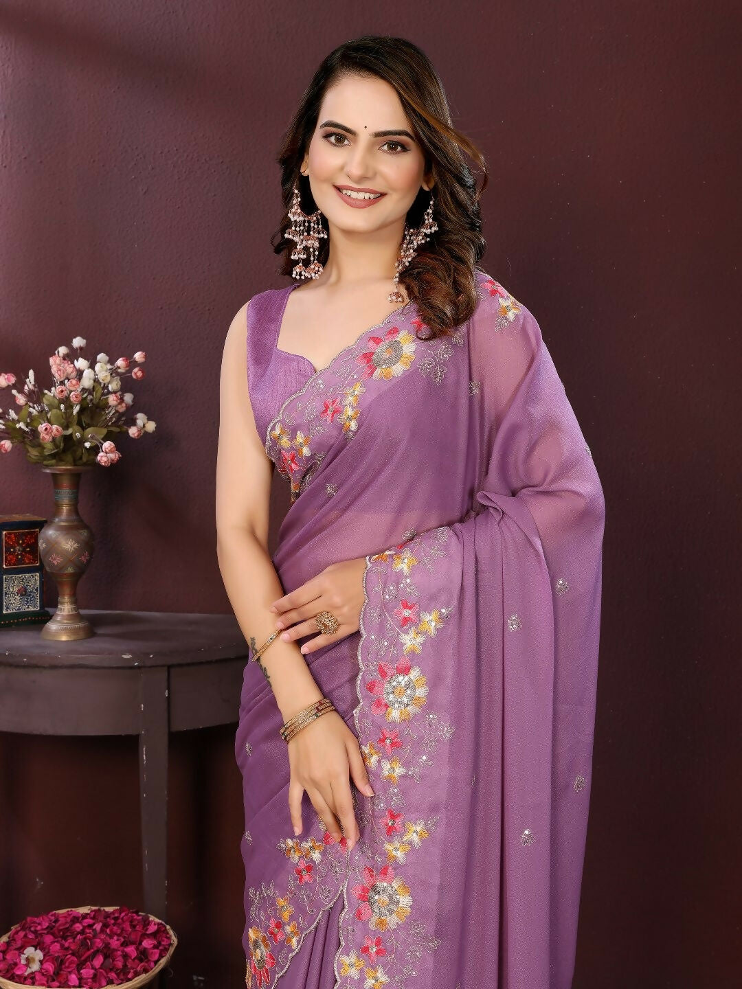Light Purple Soft Star Georgette Party Wear Saree