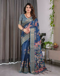 Classic blue pure handloom linen saree with matching blouse piece