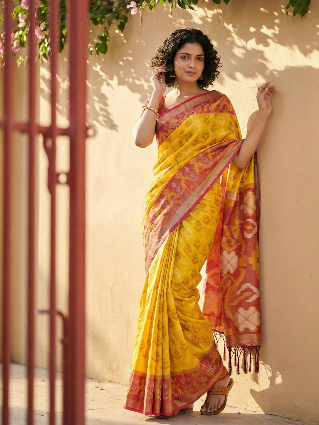Yellow Pochampally Silk Saree with Coordinating Blouse Piece