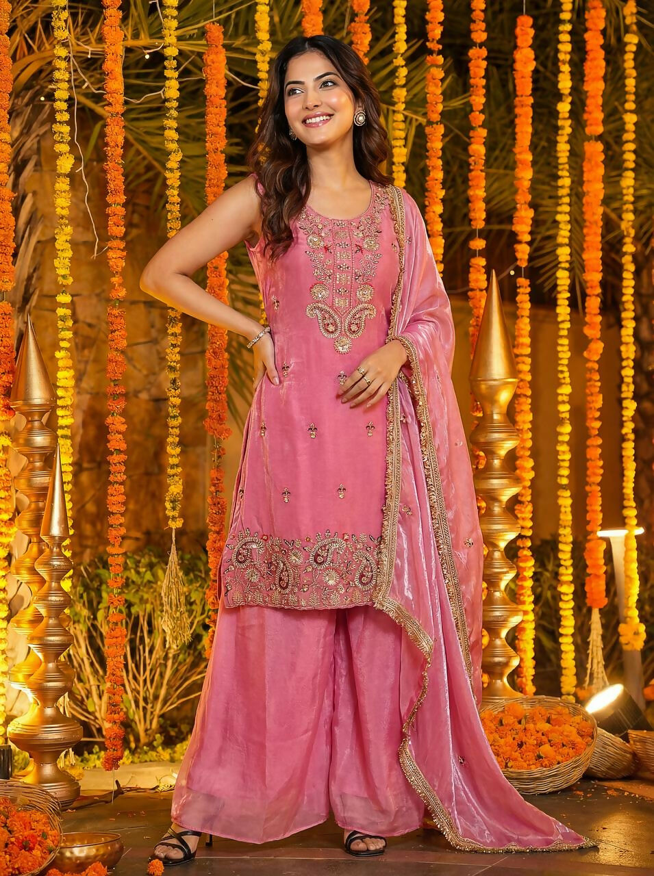 Elegant pink silk embroidered kurti and sharara pant set with matching dupatta