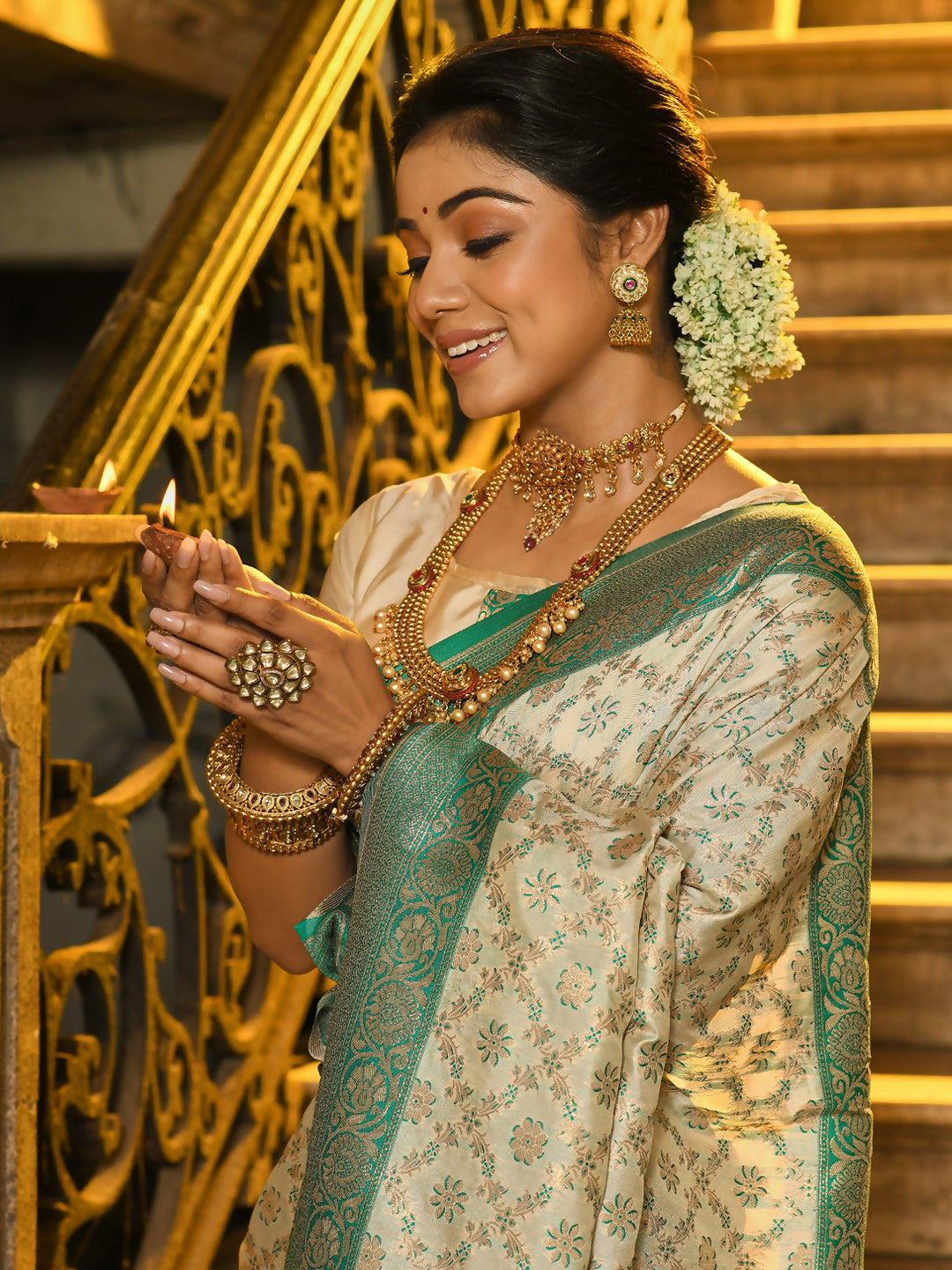 Sea Green Banarasi Silk Saree with matching blouse piece, elegant traditional drape