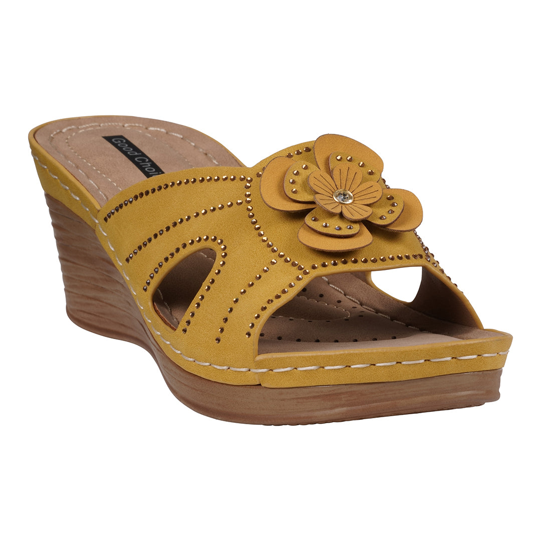 Women's Fiora Yellow Floral Wedge Sandals featuring a cutout design and floral embellishment.