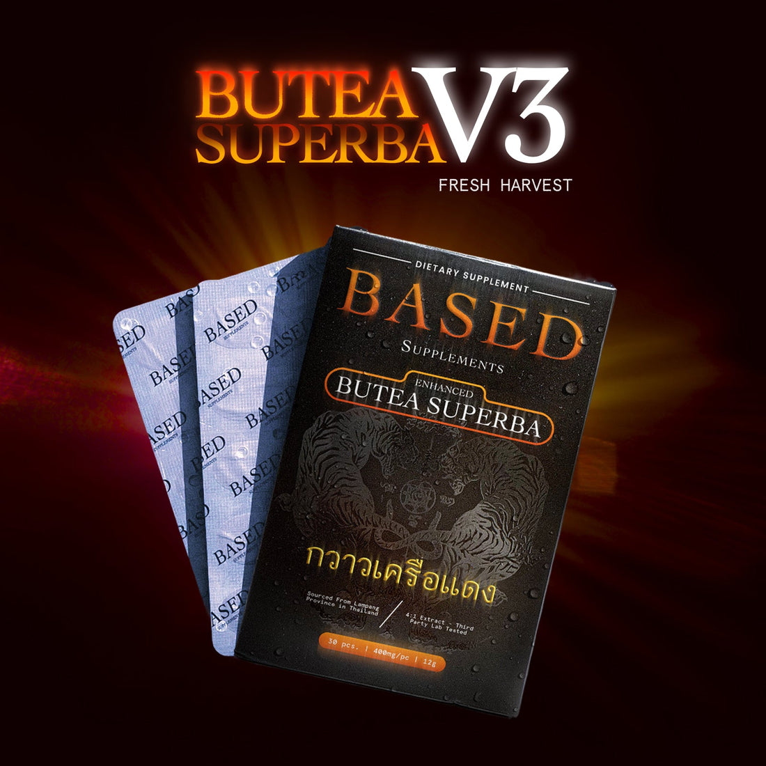 Based Supplements Butea Superba dietary supplement box and individual capsules