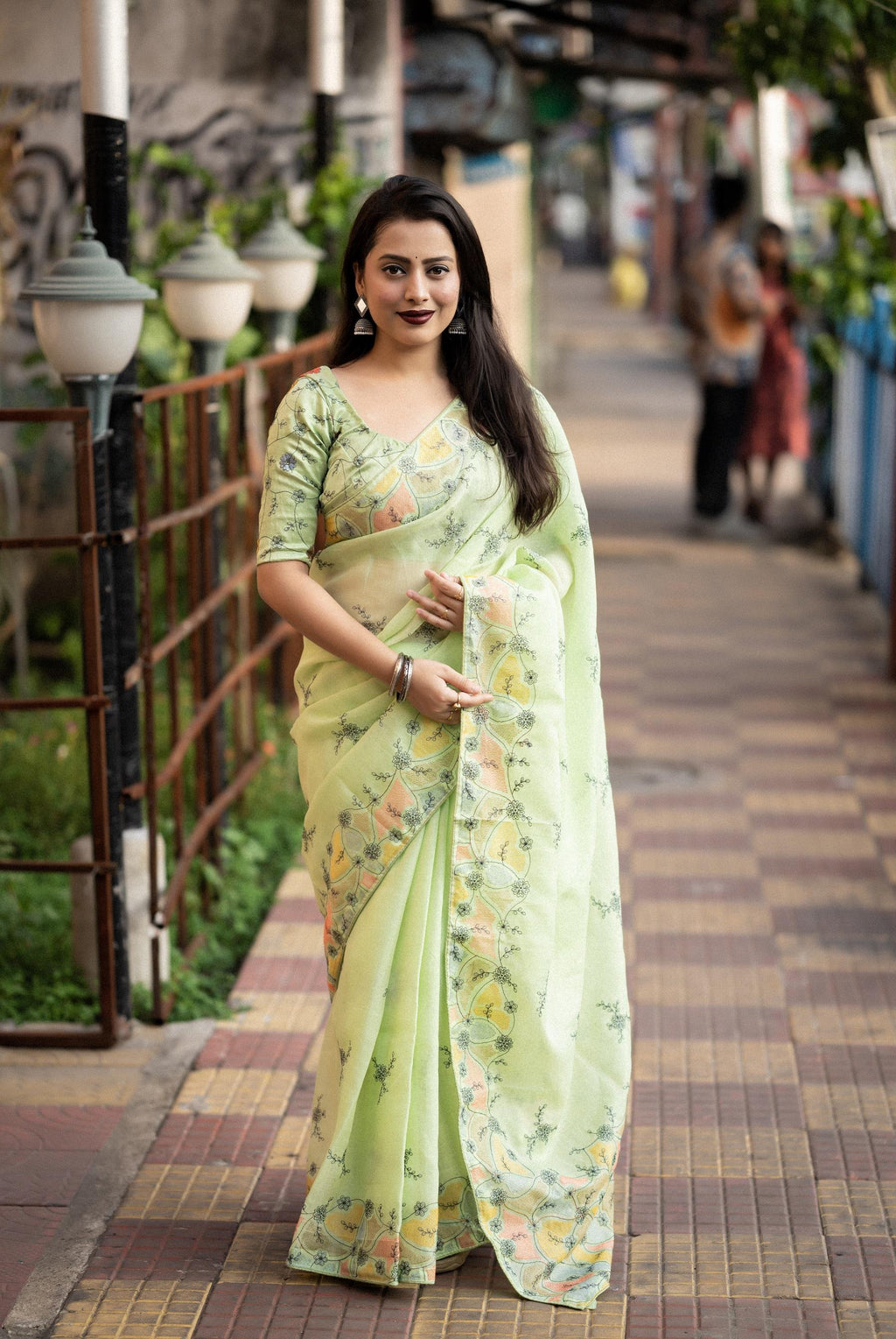 Green Pure Linen Saree with Embroidery and Phantom Silk Blouse