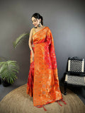 Orange soft silk Patola saree with geometric patterns and matching blouse