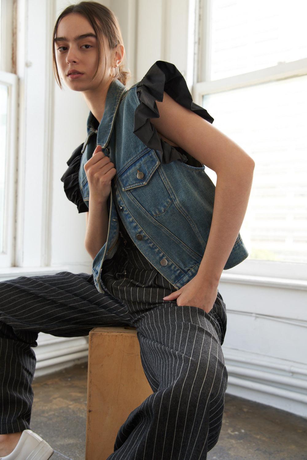 Washed Blue Denim Vest with Black Ruffled Sleeves - Image 4