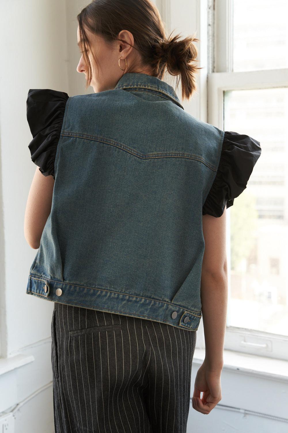 Washed Blue Denim Vest with Black Ruffled Sleeves - Image 2