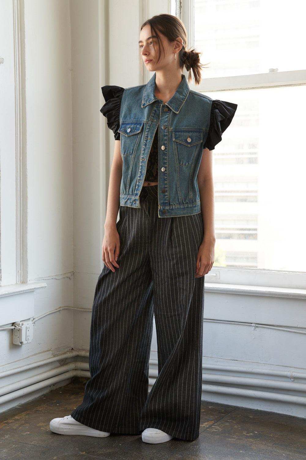Washed Blue Denim Vest with Black Ruffled Sleeves - Image 5